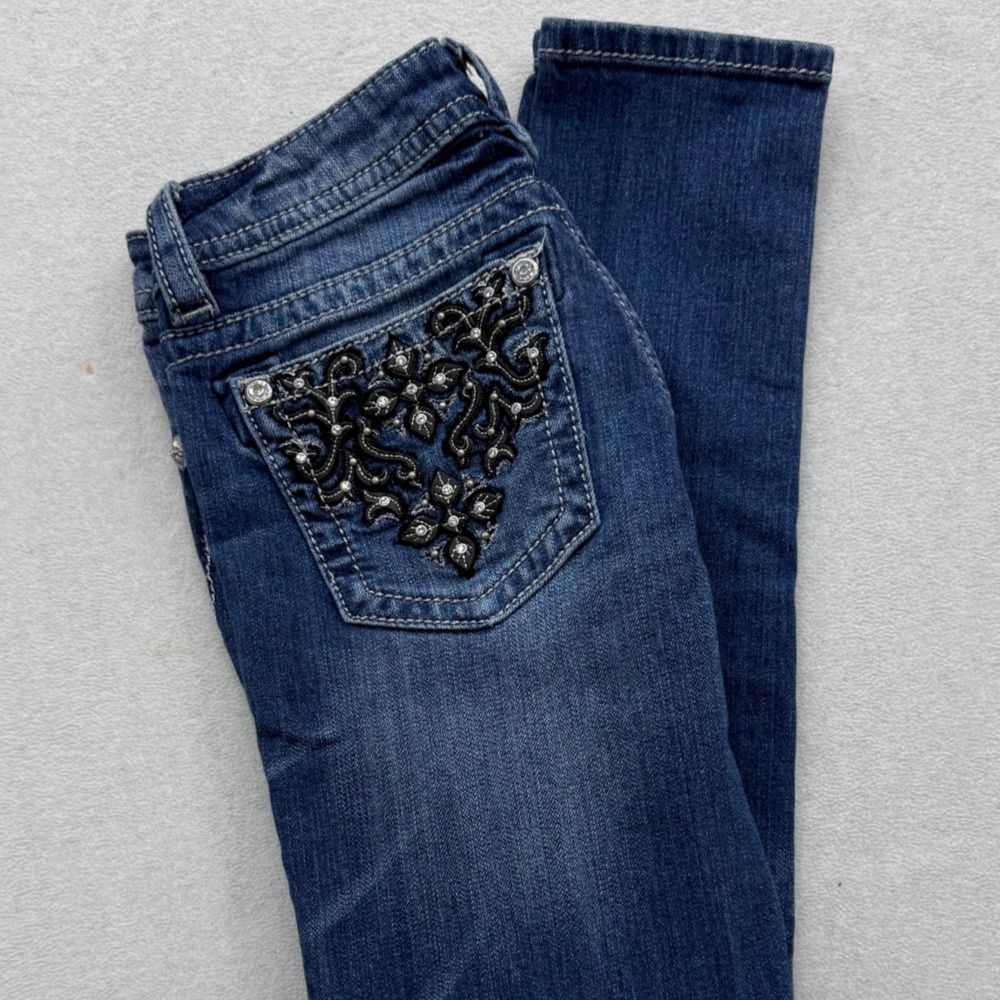 Miss Me Skinny Jeans Womens 25 Blue Mid Rise‎ Embellished Rhinestone Scroll